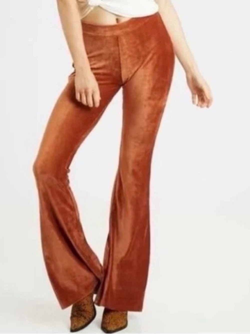 Altar'd State Medium Boho Copper Velvet Ribbed Flare High-Rise Pull-On Pants